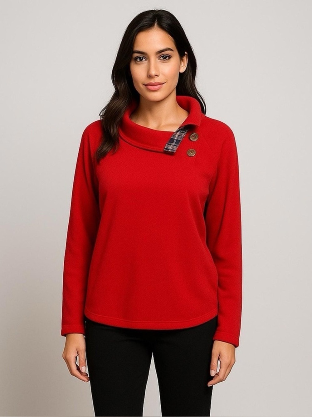 J. Crew Red Cowl-Neck Button Sweater Plaid Trim medium pulllover long sleeve